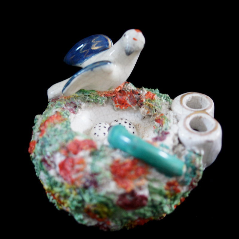 C1890 English Porcelain Ink Pen Quill Holder Dove in Nest and Serpent