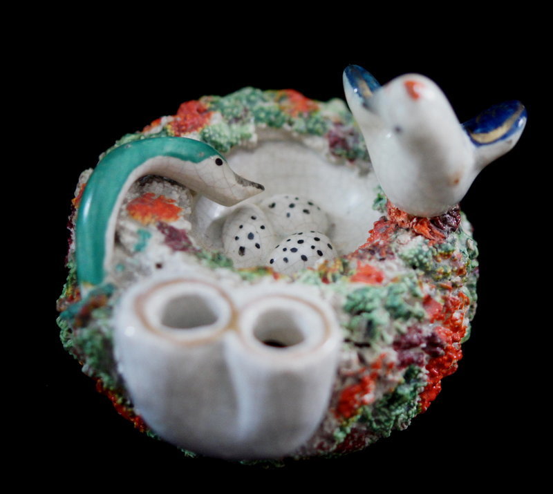 C1890 English Porcelain Ink Pen Quill Holder Dove in Nest and Serpent