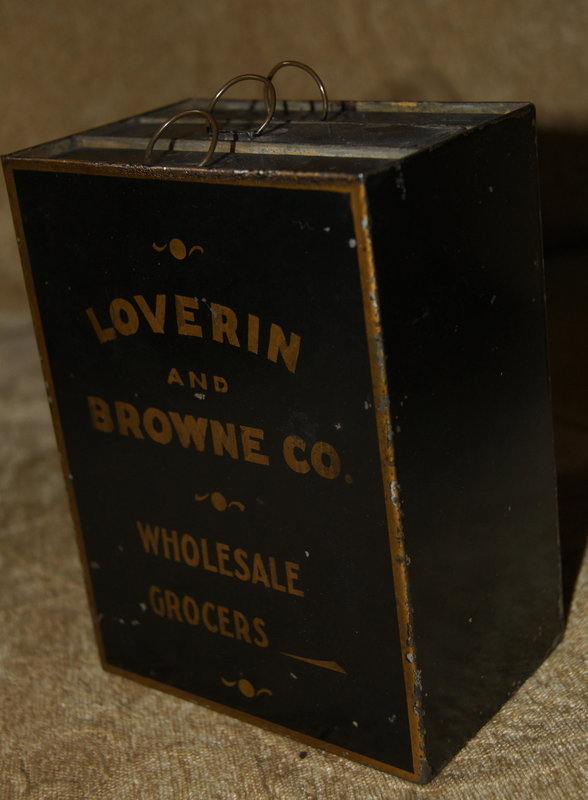 C1880 Tin Salesman Sample Case Loverin + Browne Grocers