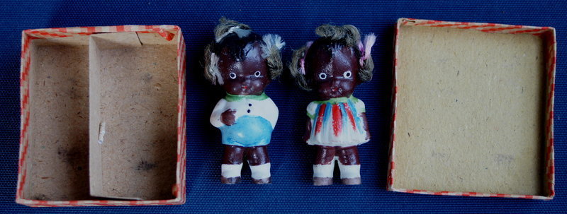 Boxed Pair 1930s Ceramic Black Boy + Girl Japan Dolls