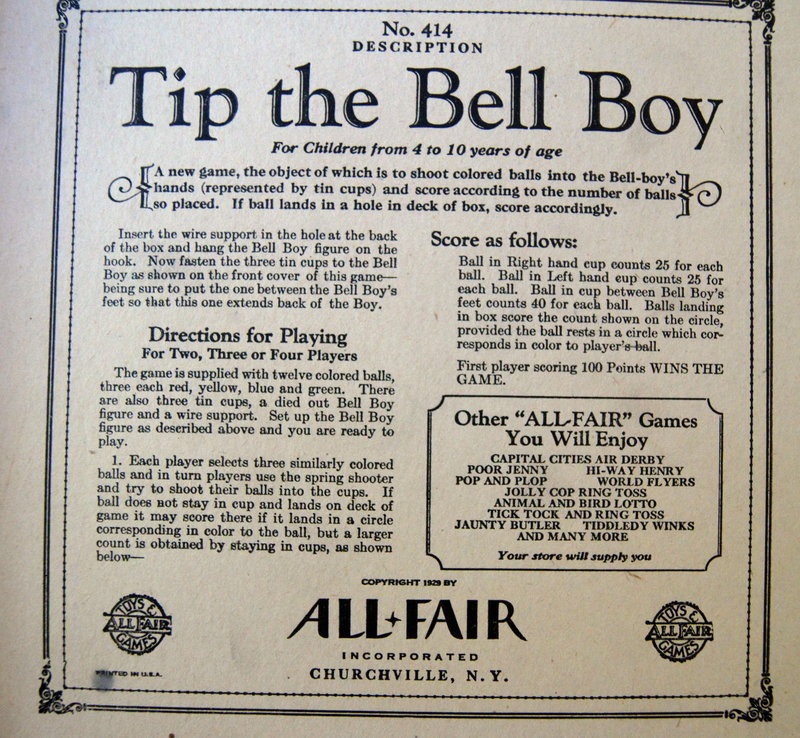 ExRARE 1929 All-Fair Dexterity Game TIP THE BELL BOY
