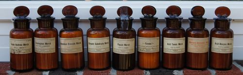 9 Circa 1900 Fancy Merck Dispensing Pharmacy Apothecary Bottles