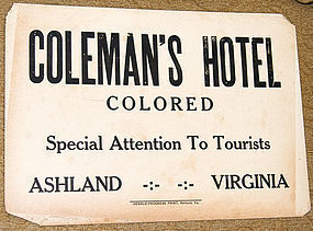 C1920s Black Americana Segregation COLORED HOTEL Sign