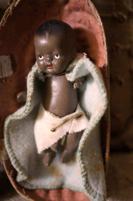 Darling C1950s JAPAN Black Bisque Baby in Peanut Shell
