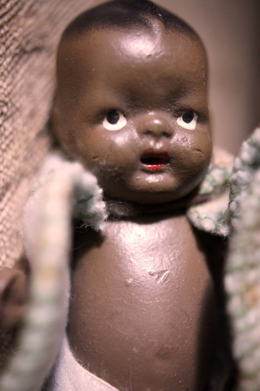 Darling C1950s JAPAN Black Bisque Baby in Peanut Shell