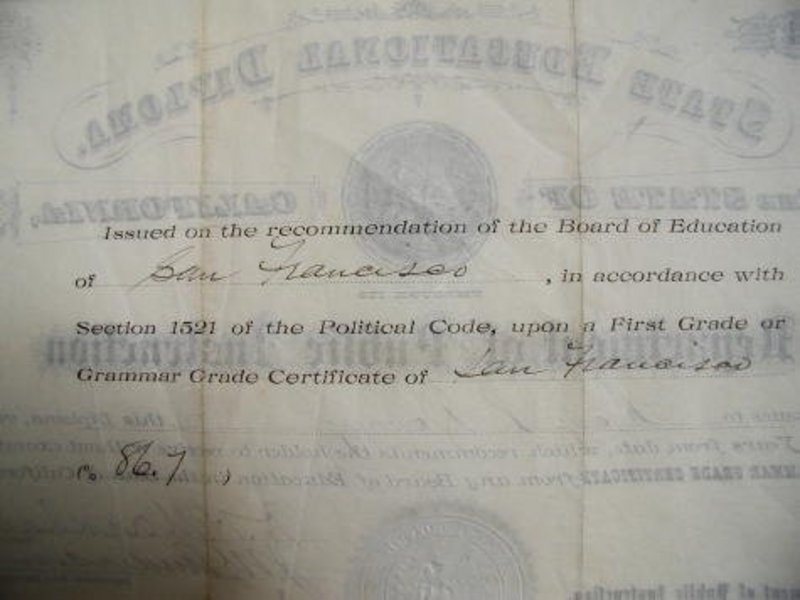 1892 San Francisco California Public School Teaching Certificate