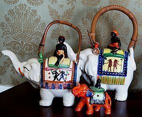 2 Black Americana Native Good Luck Elephant Teapots C1930s Japan