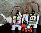 2 Black Americana Native Good Luck Elephant Teapots C1930s Japan