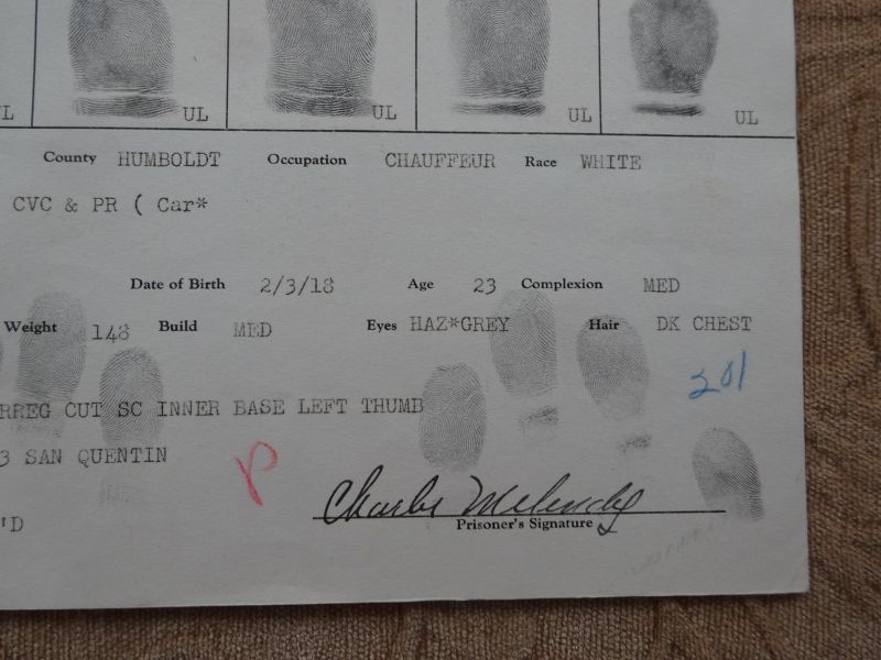 1941 California Folsom State Prison MugShot Photo Fingerprint Document