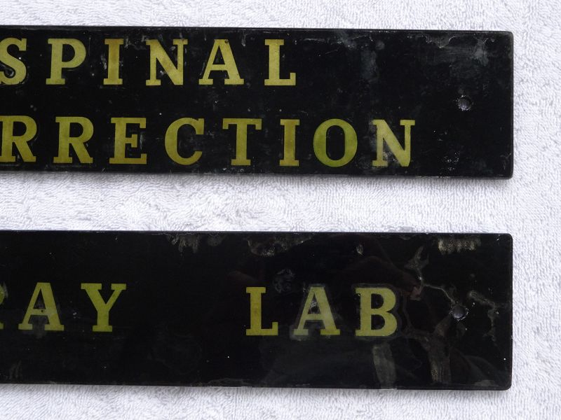 Scarce 1940s Painted Glass Hospital XRAY LAB + SPINAL CORRECTION Signs