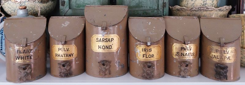 6 SCARCE 19thC Apothecary Tin Drug Herb Canisters  Gold Labels