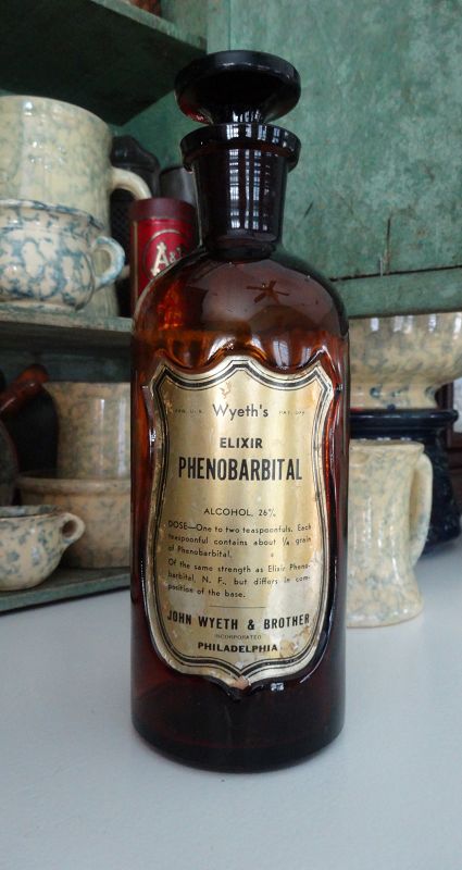 1920s Wyeth Phenobarbitol Apothecary Bottle Fancy Foil Shield Label