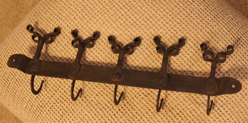 C1850s Double Rams Ear Handforged Iron Utensil or Clothing Rack