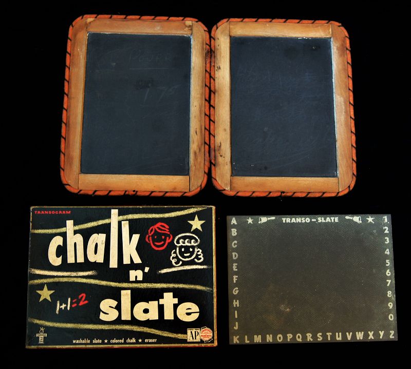 C1870 Wood Frame Double School Slate plus C1960 Transogram Boxed Slate