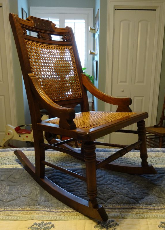 C1880s Victorian Antique Childs Rocking Chair Hardwood w/Fancy Crest