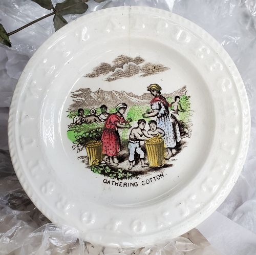 C1850 Slave Themed Staffordshire Child's ABC Plate GATHERING COTTON