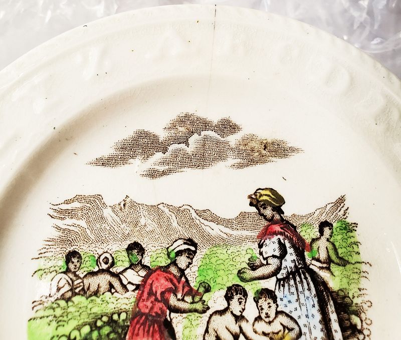C1850 Slave Themed Staffordshire Child's ABC Plate GATHERING COTTON