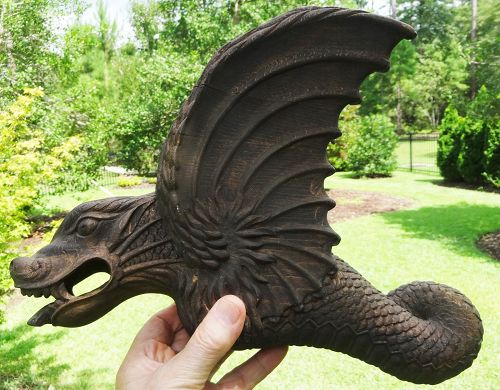 19thC Victorian Antique Flying Gargoyle Carved Wood in Gothic Style
