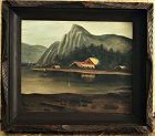 C1920-30s Serene Maine Lakeside and Mountain Landscape Oil Painting