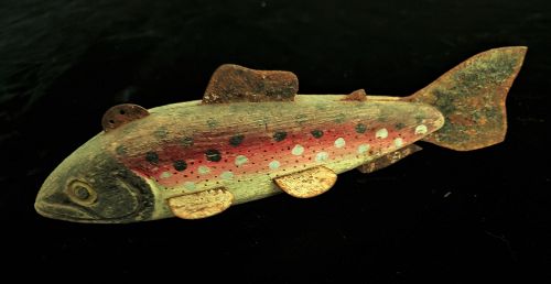 Striking 1940-5s Folk Art Ice Fishing Fish Decoy Hand Carved + Painted