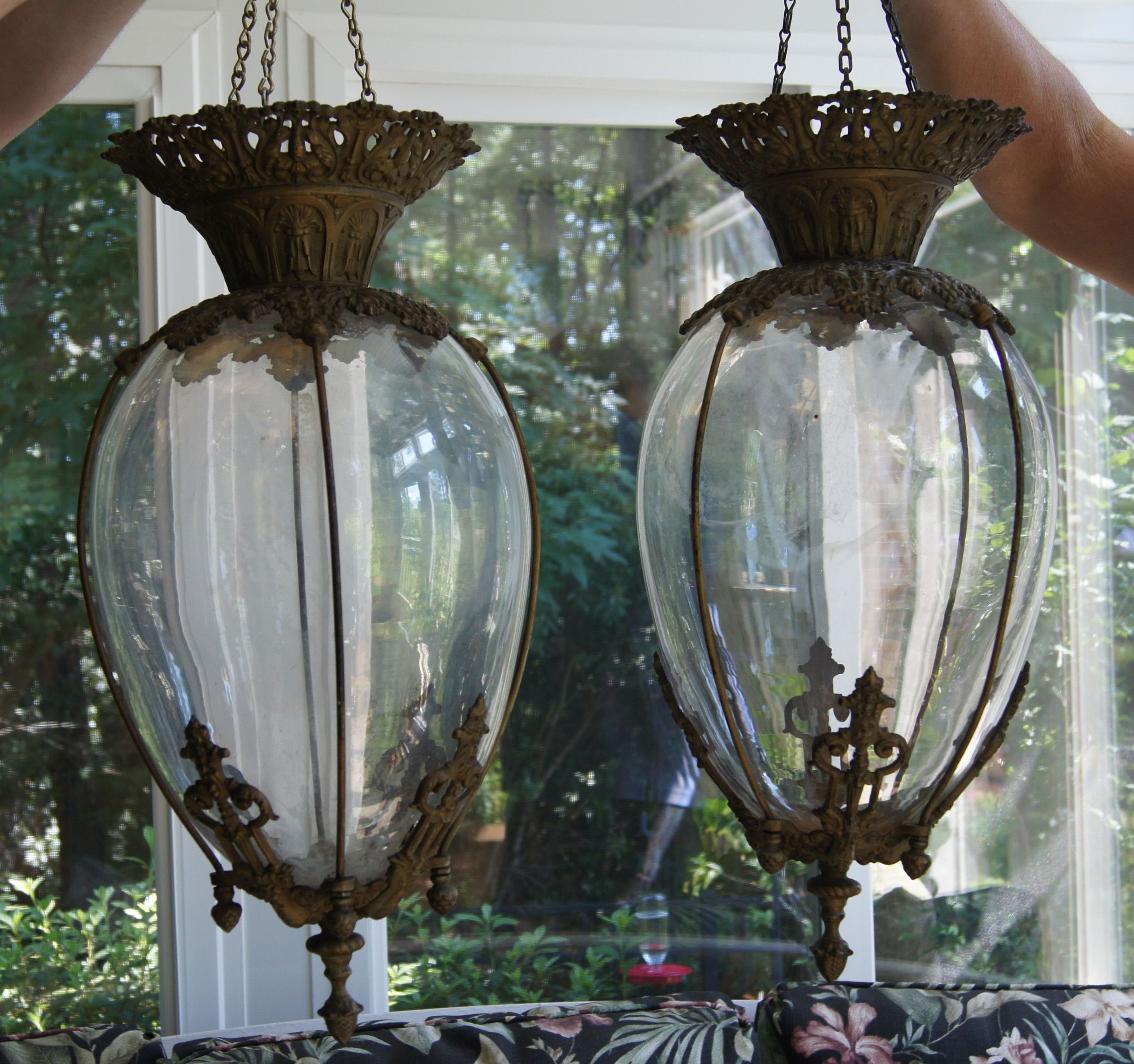 Fab PAIR 19thC Whital Tatum Fancy Hanging Apothecary Show Globes