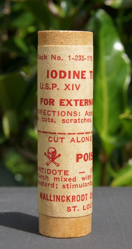 C1950s IODINE Medicine VIAL marked POISON with SKULL + CROSS BONES