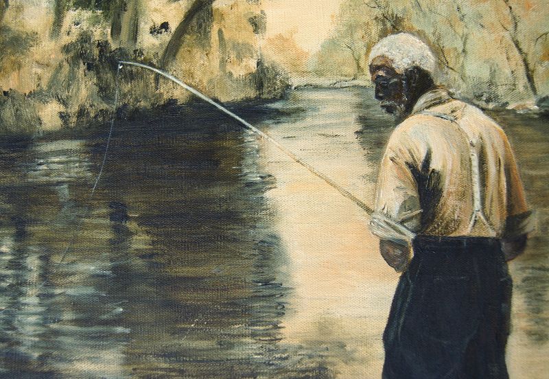 C1950-60s Serene Black Americana Oil Painting Older Black Gent Fishing