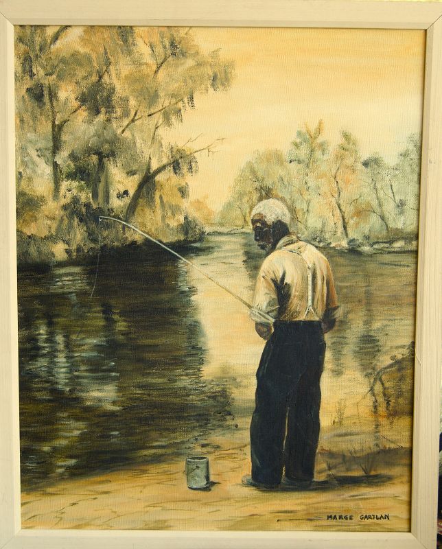 C1950-60s Serene Black Americana Oil Painting Older Black Gent Fishing