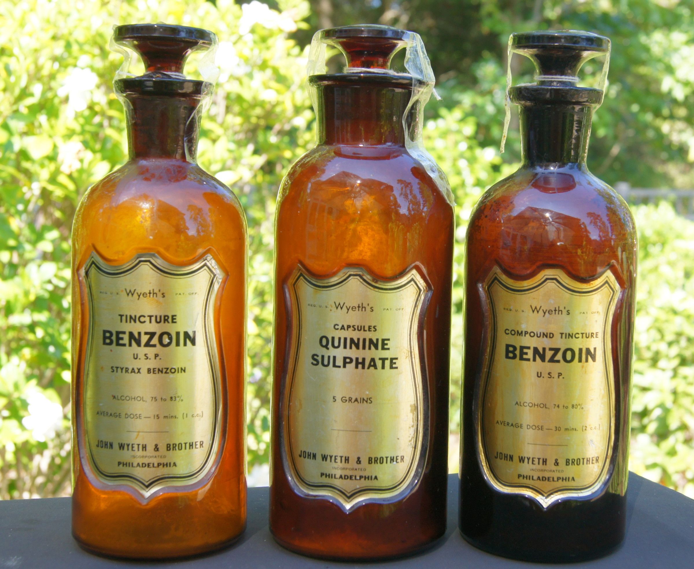 3 Sweet Wyeth Apothecary Bottles w/Shield Labels QUININE BENZOIN