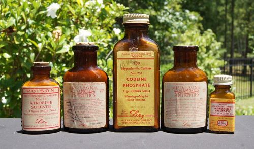 5 POISON MEDICINE BOTTLES ELI LILLY NARCOTIC STAMP CODEINE ATROPINE