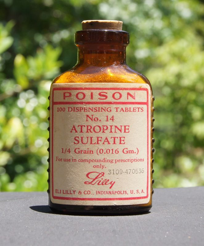 5 POISON MEDICINE BOTTLES ELI LILLY NARCOTIC STAMP CODEINE ATROPINE