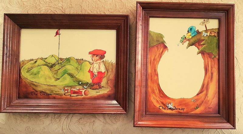 C1970s Painting - Golfer Peering at His Ball from a Cliff Side Bunker