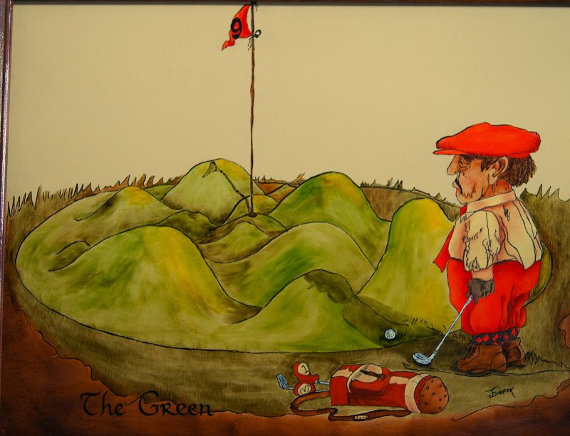 C1970s Comical Painting of Golfer in Knickers on Impossible Green