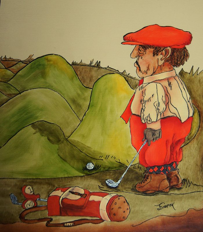 C1970s Comical Painting of Golfer in Knickers on Impossible Green