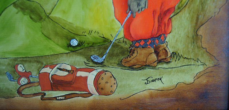 C1970s Comical Painting of Golfer in Knickers on Impossible Green