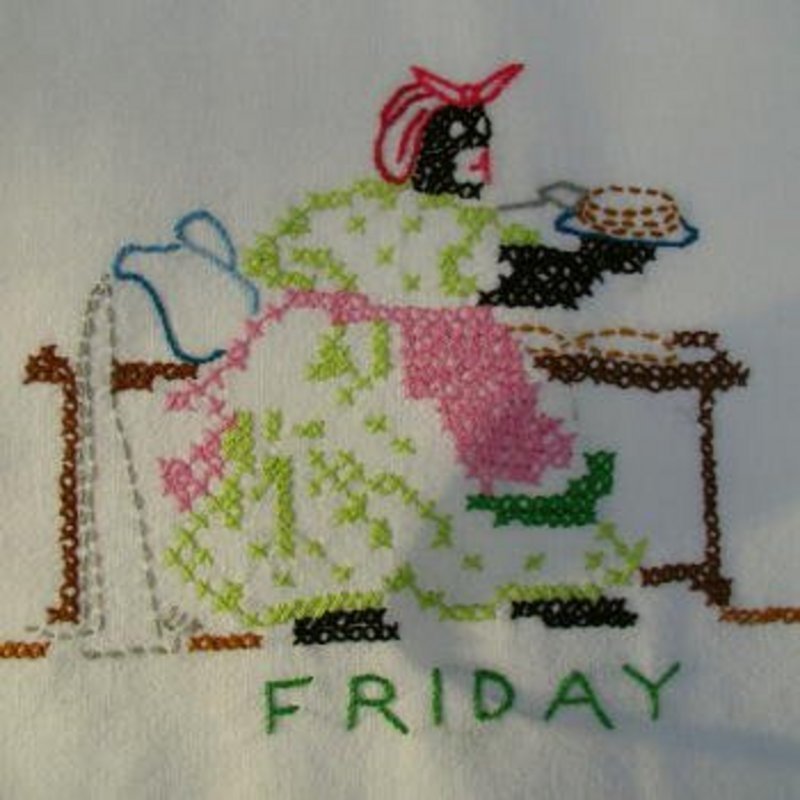 Two Black Americana Mammy Days of the Week Hand Embroidered Towels