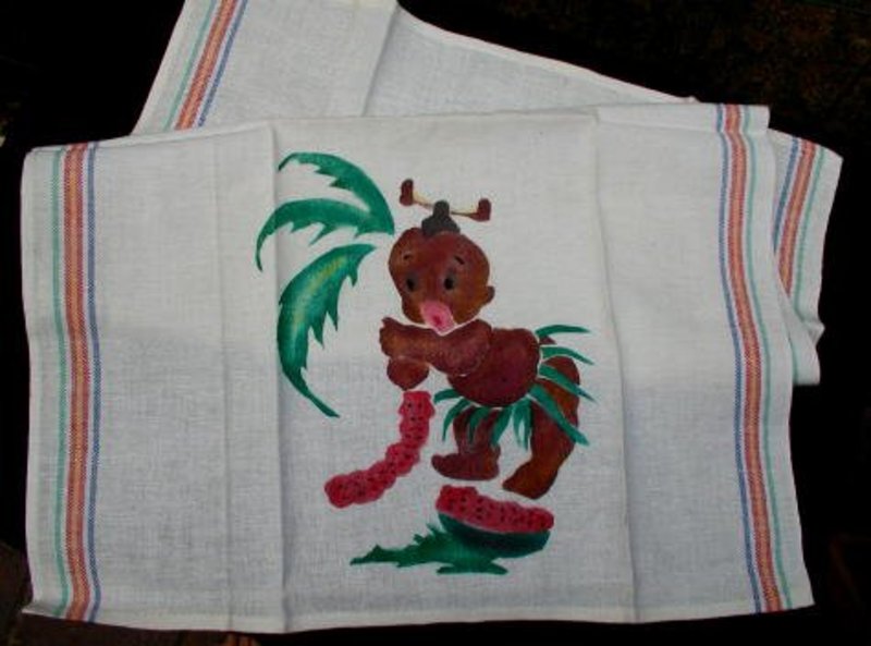 1940s Little Brown Koko Story Book Character Hand-Painted Linen Towel