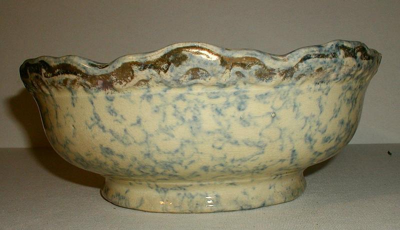 C1920 Ohio Yellowware Blue Spongeware Fruit Bowl w/Gilt