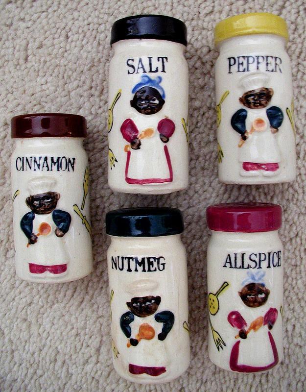 1950 Black Mammy Pappy 5 Ceramic Jars Spice Set w/ Rack