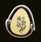 Sterling Silver Scrimshaw Ivory Ladies Ring w/ Delicate Blue Flower