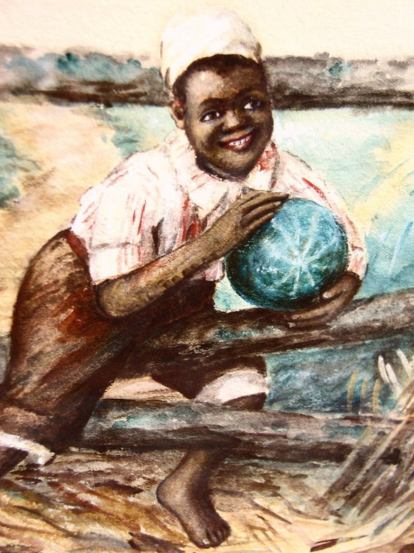 C1910 Sweet Watercolor Painting Young Black Boy Holding Watermelon