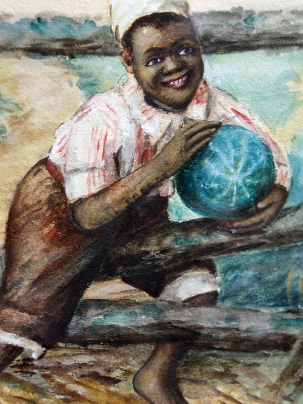 C1910 Sweet Watercolor Painting Young Black Boy Holding Watermelon