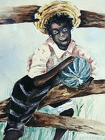 C1910 Signed SHIRREFF Watercolor Black Boy Watermelon