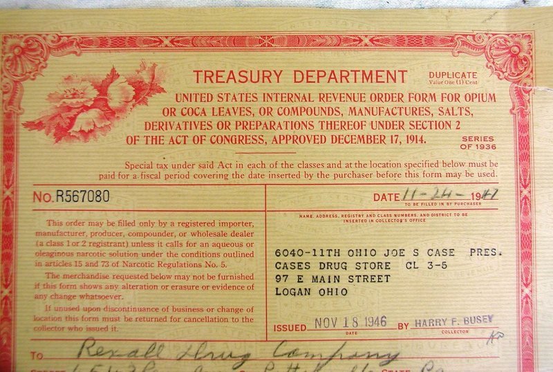 1947 IRS Pharmacy Drug Store Narcotic Form-Logan, OHIO