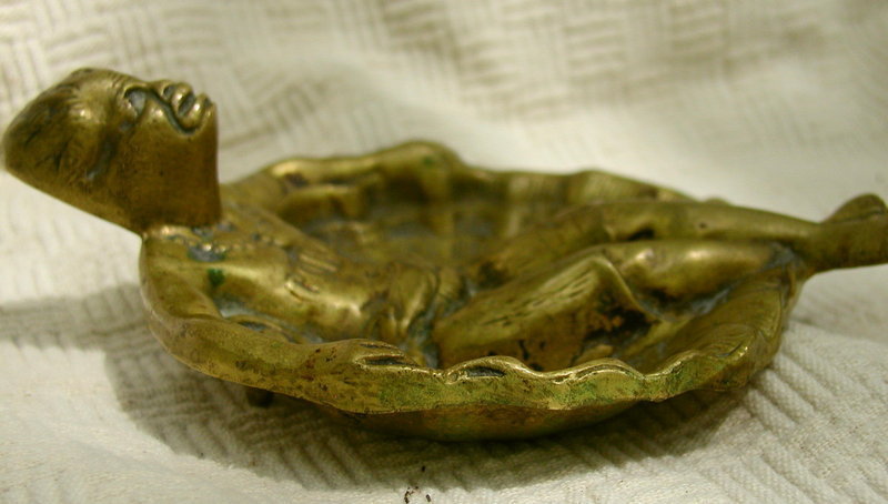 C1910 BLack Americana Brass Ashtray African CONGO Native on Sea Shell