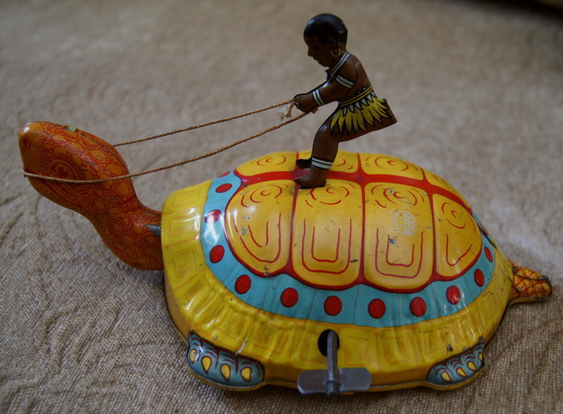 1920s Tin Toy Chein Wind-Up BLACK NATIVE Riding Turtle