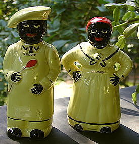 1940 Pearl China LARGE Black Chef + Mammy Salt + Pepper