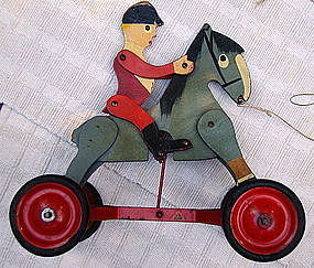 1920s Folk Art Wood Horse + Jockey Pull Toy Loros Bros England