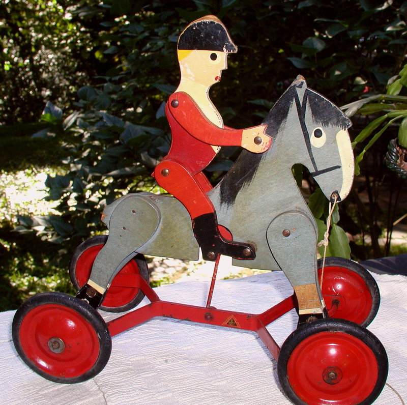 1920s Folk Art Wood Horse + Jockey Pull Toy Loros Bros England