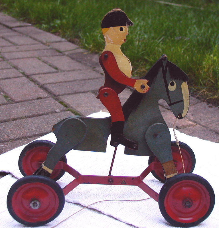 1920s Folk Art Wood Horse + Jockey Pull Toy Loros Bros England